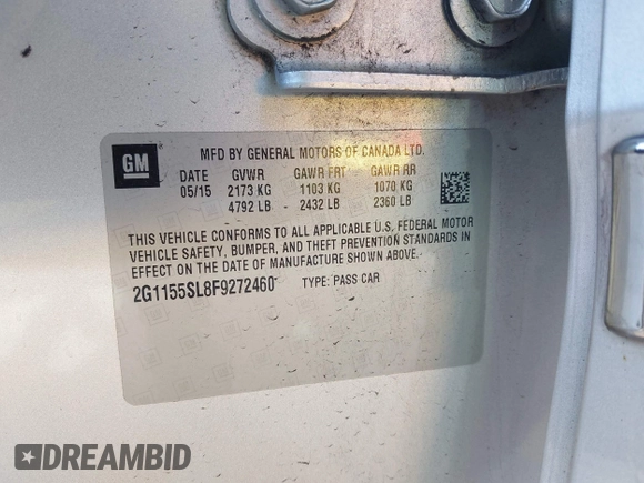 2015 Chevrolet Impala LTZ with VIN 2G1155SL8F9272460, listed as a IAAI auction lot 41921661 with 150,861 mi miles and . Bid and sale history available at DreamBid. Image 9.