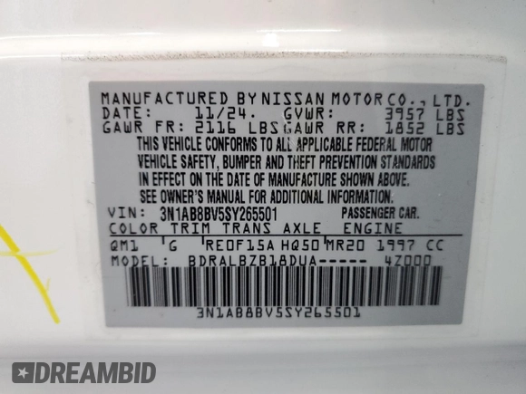 2025 Nissan Sentra S z VIN 3N1AB8BV5SY265501, wystawiony jako Copart lot #57287125 z przebiegiem 613 mil mil oraz Nie do naprawy • Non repairable. Historia ofert i sprzedaży dostępna na DreamBid. Obrazek 12.