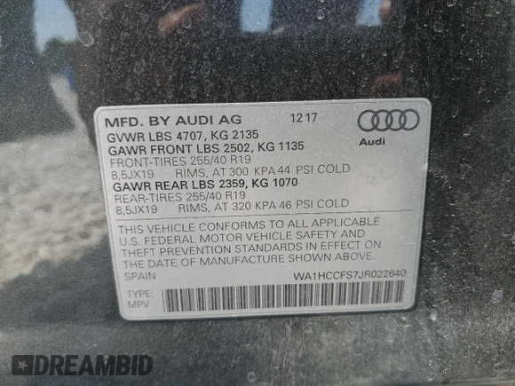 2018 Audi Q3 Premium Plus with VIN WA1HCCFS7JR022640, listed as a Copart auction lot 53517985 with 52,513 mi miles and Salvage Title. Bid and sale history available at carsss.com. Image 15.