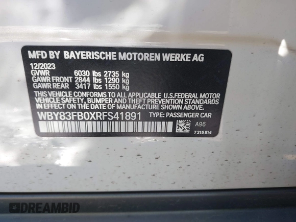 2024 BMW i4 xDrive40 with VIN WBY83FB0XRFS41891, listed as a IAAI auction lot 41630295 with 7,287 mi miles. Bid and sale history available at carsss.com. Image 9.