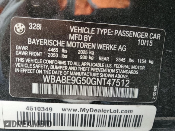 2016 BMW 3 Series 328i with VIN WBA8E9G50GNT47512, listed as a Copart auction lot 49280005 with 120,192 mi miles and Salvage Title. Bid and sale history available at carsss.com. Image 12.