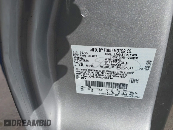 2006 Ford Escape Hybrid with VIN 1FMCU96H96KA25796, listed as a IAAI auction lot 41796914 with 119,809 mi miles and . Bid and sale history available at DreamBid. Image 9.
