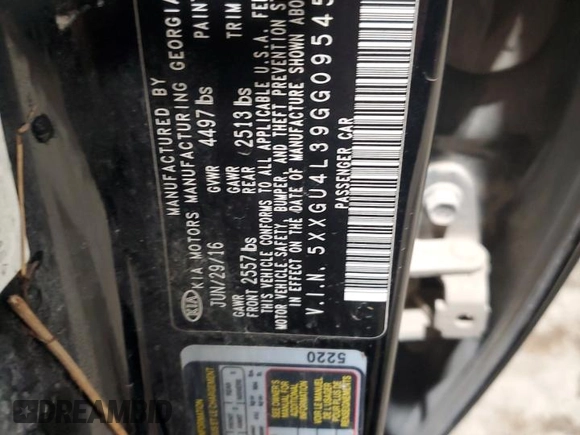 2016 Kia Optima EX with VIN 5XXGU4L39GG095456, listed as a Copart auction lot 46351965 with 100,589 mi miles and Salvage Title. Bid and sale history available at carsss.com. Image 12.
