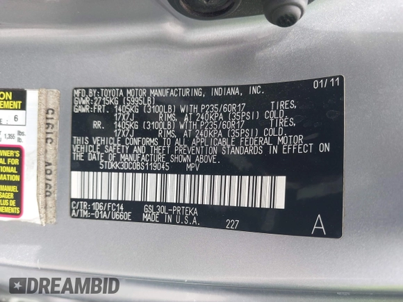 2011 Toyota Sienna LE AAS with VIN 5TDKK3DC0BS119045, listed as a IAAI auction lot 42184748 with 196,607 mi miles. Bid and sale history available at carsss.com. Image 9.