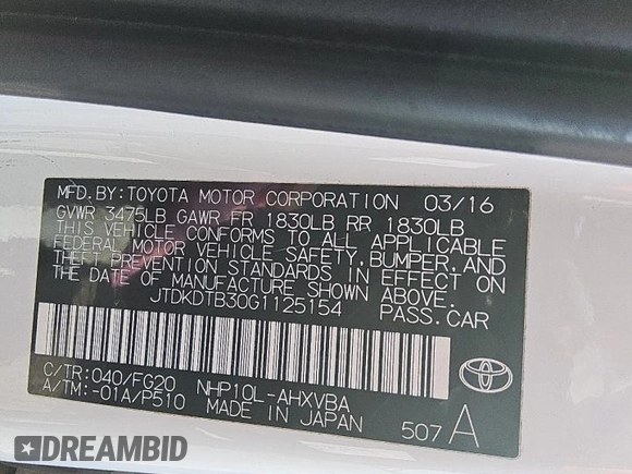 2016 Toyota Prius One with VIN JTDKDTB30G1125154, listed as a Copart auction lot 53493865 with 104,962 mi miles and Clean Title. Bid and sale history available at DreamBid. Image 12.