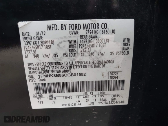 2012 Ford Explorer with VIN 1FMHK8B86CGB01582, listed as a IAAI auction lot 41133365 with 167,121 mi miles and . Bid and sale history available at DreamBid. Image 9.