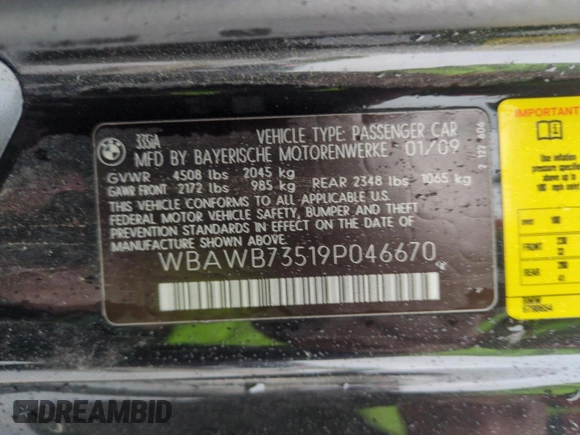 2009 BMW 3 Series 335i z VIN WBAWB73519P046670, wystawiony jako Copart lot #59224195 z przebiegiem 117 595 mil mil oraz Szkoda całkowita • Salvage title. Historia ofert i sprzedaży dostępna na DreamBid. Obrazek 12.