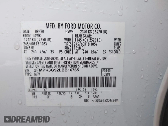 2020 Ford Edge SE z VIN 2FMPK3G92LBB16765, wystawiony jako IAAI lot #42413763 z przebiegiem 99 058 mil mil oraz . Historia ofert i sprzedaży dostępna na DreamBid. Obrazek 9.
