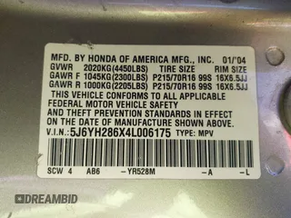 2004 Honda Element EX with VIN 5J6YH286X4L006175, listed as a IAAI auction lot 42316315 with Not provided miles and . Bid and sale history available at DreamBid. Image 9.