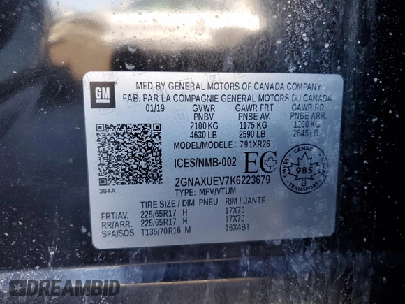 2019 Chevrolet Equinox LT with VIN 2GNAXUEV7K6223679, listed as a Copart auction lot 49466555 with Not Provided miles and Non Repairable. Bid and sale history available at DreamBid. Image 12.