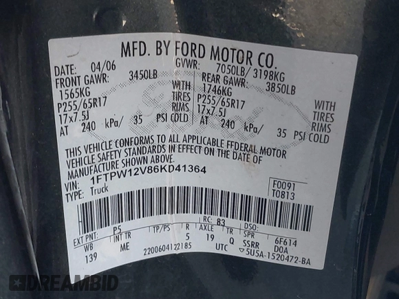 2006 Ford F-150 XLT with VIN 1FTPW12V86KD41364, listed as a IAAI auction lot 38122001 with Not Provided miles and . Bid and sale history available at DreamBid. Image 9.
