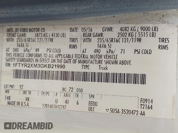 2016 Ford Transit with VIN 1FTYR2XM3GKB21990, listed as a IAAI auction lot 42091685 with 106,235 mi miles and . Bid and sale history available at DreamBid. Image 9.