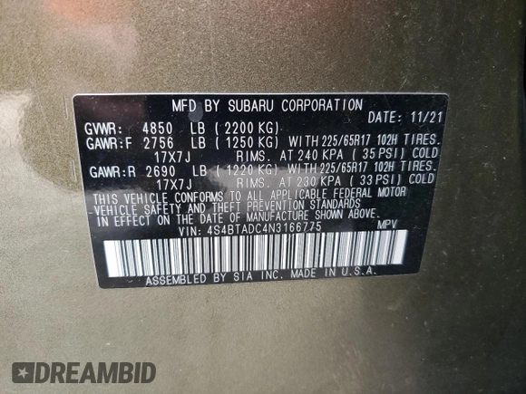 2022 Subaru Outback Premium z VIN 4S4BTADC4N3166775, wystawiony jako Copart lot #59100735 z przebiegiem 42 155 mil mil oraz Szkoda całkowita • Salvage title. Historia ofert i sprzedaży dostępna na DreamBid. Obrazek 13.