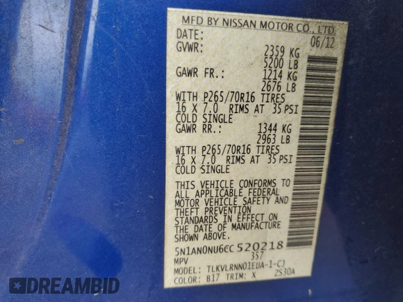 2012 Nissan Xterra X with VIN 5N1AN0NU6CC520218, listed as a Copart auction lot 57454955 with 85,515 mi miles and Salvage title. Bid and sale history available at DreamBid. Image 13.