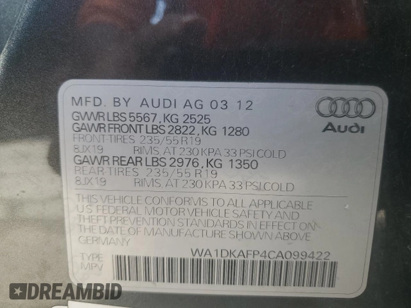 2012 Audi Q5 Premium Plus with VIN WA1DKAFP4CA099422, listed as a Copart auction lot 61192635 with 163,736 mi miles and Clean title. Bid and sale history available at DreamBid. Image 13.