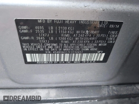 2015 Subaru Outback Premium with VIN 4S4BSACC7F3234427, listed as a IAAI auction lot 42171329 with 51,332 mi miles and . Bid and sale history available at DreamBid. Image 9.