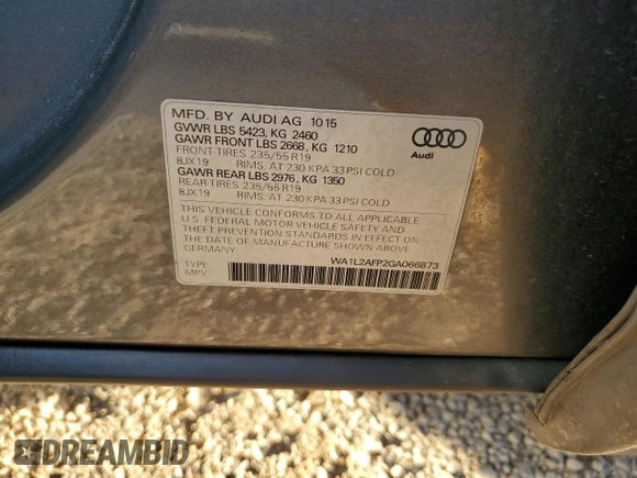 2016 Audi Q5 Premium Plus with VIN WA1L2AFP2GA066873, listed as a Copart auction lot 47259945 with 60,872 mi miles and Clean Title. Bid and sale history available at carsss.com. Image 13.