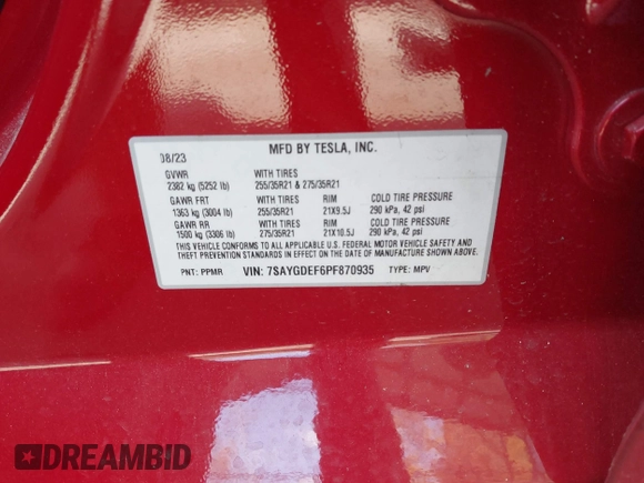 2023 Tesla Model Y Performance with VIN 7SAYGDEF6PF870935, listed as a IAAI auction lot 40718563 with 15,286 mi miles and . Bid and sale history available at DreamBid. Image 9.