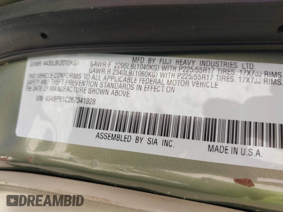 2006 Subaru Legacy Outback with VIN 4S4BP61C267341928, listed as a IAAI auction lot 42361535 with 179,902 mi miles and . Bid and sale history available at DreamBid. Image 9.