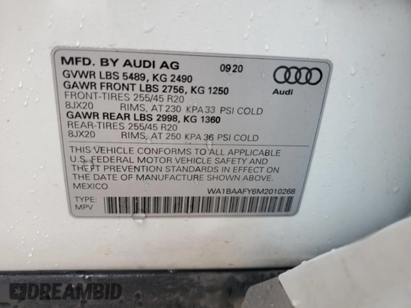 2021 Audi Q5 Premium Plus with VIN WA1BAAFY6M2010268, listed as a Copart auction lot 60370325 with 38,227 mi miles and Salvage title. Bid and sale history available at DreamBid. Image 13.