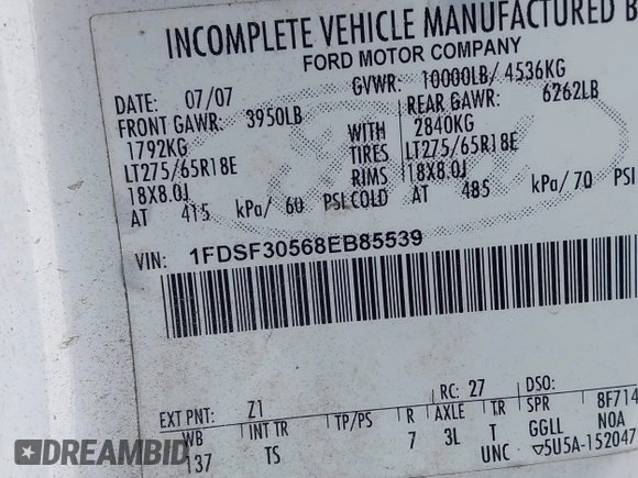2008 Ford F-350 with VIN 1FDSF30568EB85539, listed as a IAAI auction lot 42207045 with 307,671 mi miles and . Bid and sale history available at DreamBid. Image 9.