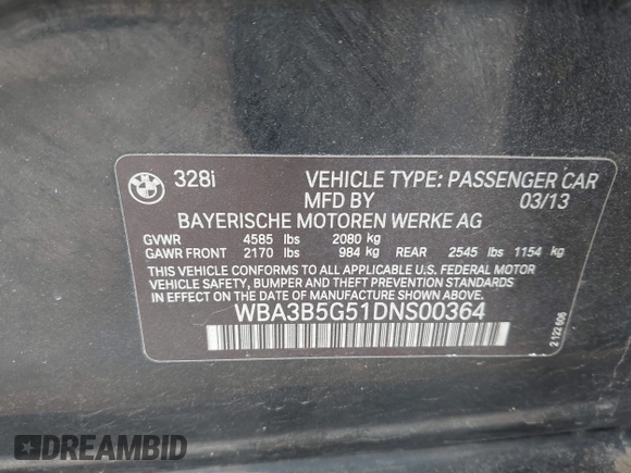 2013 BMW 3 Series 328i xDrive с VIN WBA3B5G51DNS00364, выставлен на аукционе IAAI как лот 42256459 с пробегом 110 970 миль миль и . История ставок и продаж доступна на DreamBid. Изображение 9.