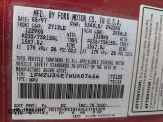 1998 Ford Explorer XL z VIN 1FMZU34E7WUA07656, wystawiony jako IAAI lot #42522560 z przebiegiem 187 244 mil mil oraz . Historia ofert i sprzedaży dostępna na DreamBid. Obrazek 9.