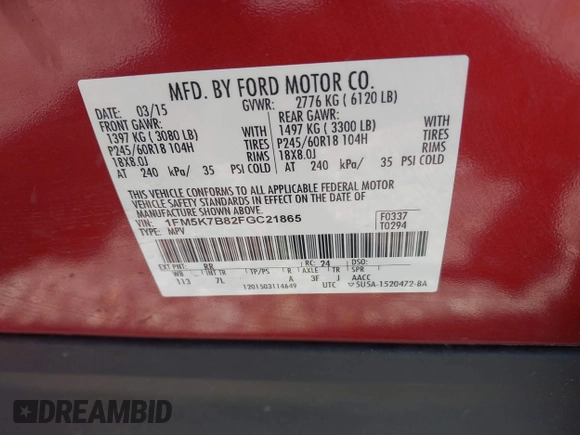 2015 Ford Explorer z VIN 1FM5K7B82FGC21865, wystawiony jako IAAI lot #42206874 z przebiegiem 120 124 mil mil oraz . Historia ofert i sprzedaży dostępna na DreamBid. Obrazek 9.