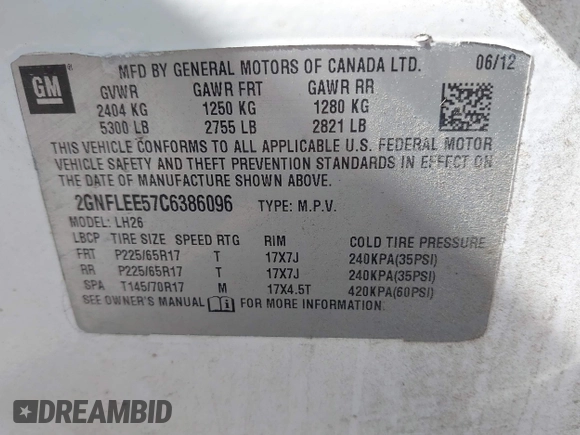 2012 Chevrolet Equinox LT w/1LT with VIN 2GNFLEE57C6386096, listed as a IAAI auction lot 41716813 with 144,139 mi miles. Bid and sale history available at carsss.com. Image 9.