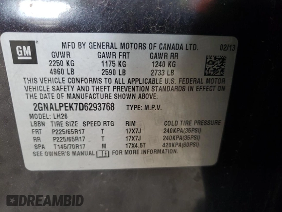 2013 Chevrolet Equinox LT z VIN 2GNALPEK7D6293768, wystawiony jako Copart lot #55119255 z przebiegiem 177 908 mil mil oraz Szkoda całkowita • Salvage title. Historia ofert i sprzedaży dostępna na DreamBid. Obrazek 14.