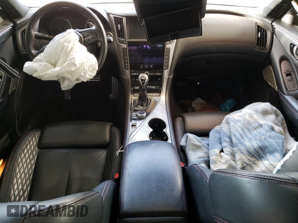 2018 Infiniti Q50 Red Sport 400 with VIN JN1FV7AR8JM480707, listed as a Copart auction lot 48169945 with 98,449 mi miles and Salvage Title. Bid and sale history available at DreamBid. Image 8.
