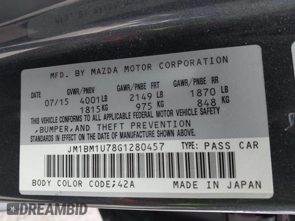 2016 Mazda Mazda3 i Sport with VIN JM1BM1U78G1280457, listed as a IAAI auction lot 42032762 with 122,779 mi miles. Bid and sale history available at carsss.com. Image 9.