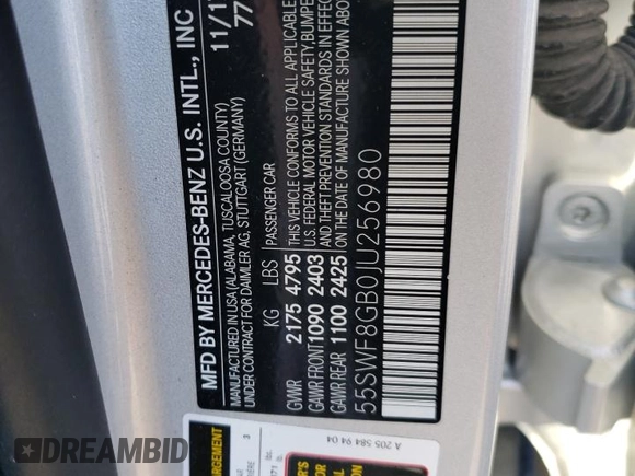 2018 Mercedes-Benz C 63 AMG with VIN 55SWF8GB0JU256980, listed as a Copart auction lot 43753793 with 61,270 mi miles and Salvage title. Bid and sale history available at DreamBid. Image 14.