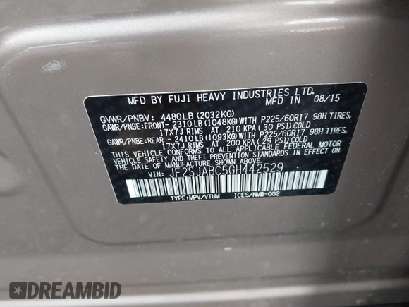 2016 Subaru Forester 2.5i with VIN JF2SJABC5GH442529, listed as a IAAI auction lot 42505981 with 102,530 mi miles and . Bid and sale history available at DreamBid. Image 9.