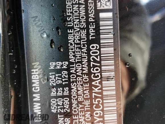 2019 BMW M4 with VIN WBS4Y9C57KAG67209, listed as a Copart auction lot 44204445 with 52,605 mi miles and Salvage Title. Bid and sale history available at carsss.com. Image 14.