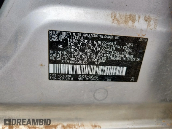 2010 Toyota RAV4 с VIN 2T3ZF4DV6AW038204, выставлен на аукционе Copart как лот 61936535 с пробегом 130 089 миль миль и Чистый • Clean title. История ставок и продаж доступна на DreamBid. Изображение 12.
