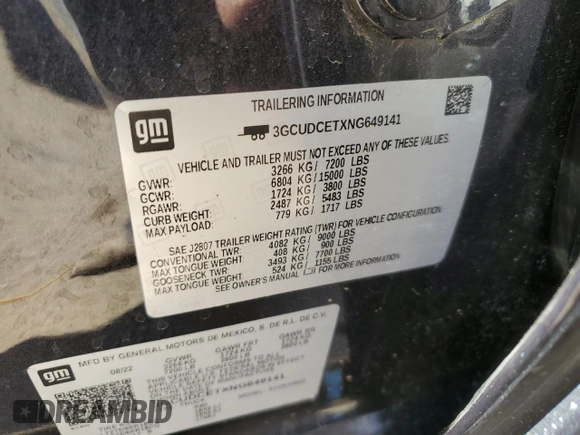 2022 Chevrolet Silverado 1500 Custom Trail Boss with VIN 3GCUDCETXNG649141, listed as a Copart auction lot 43565075 with 53,898 mi miles and Salvage Title. Bid and sale history available at DreamBid. Image 15.