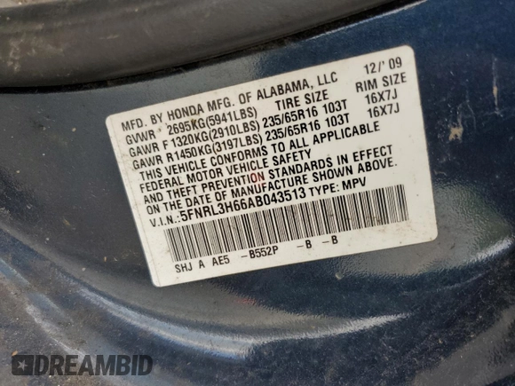 2010 Honda Odyssey EX-L with VIN 5FNRL3H66AB043513, listed as a Copart auction lot 55463905 with 173,185 mi miles and Clean Title. Bid and sale history available at carsss.com. Image 13.
