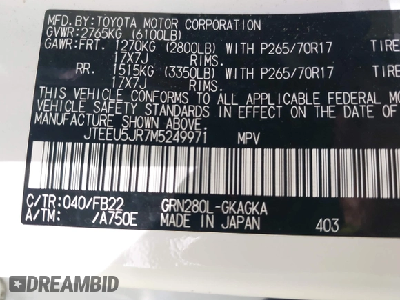 2021 Toyota 4Runner SR5 с VIN JTEEU5JR7M5249971, выставлен на аукционе IAAI как лот 40915613 с пробегом 41 547 миль миль и . История ставок и продаж доступна на DreamBid. Изображение 9.