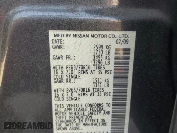 2009 Nissan Frontier LE with VIN 1N6AD09UX9C416211, listed as a Copart auction lot 61655315 with 344,390 mi miles and Salvage title. Bid and sale history available at DreamBid. Image 12.