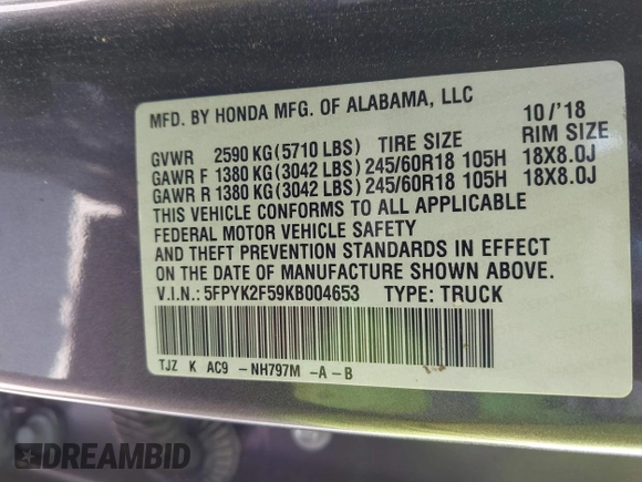 2019 Honda Ridgeline RTL with VIN 5FPYK2F59KB004653, listed as a IAAI auction lot 42066778 with 90,144 mi miles and . Bid and sale history available at DreamBid. Image 9.