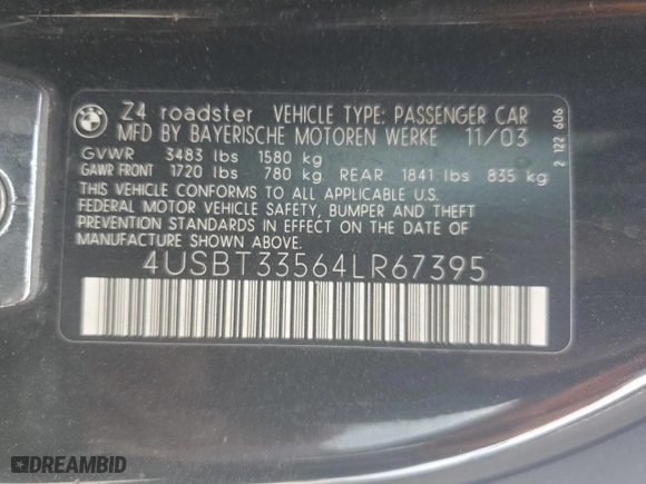 2004 BMW Z4 2.5i with VIN 4USBT33564LR67395, listed as a Copart auction lot 44394655 with 184,093 mi miles and Salvage Title. Bid and sale history available at carsss.com. Image 15.