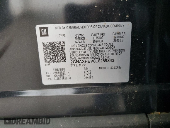 2020 Chevrolet Equinox LS z VIN 2GNAXHEV8L6259843, wystawiony jako Copart lot #57400365 z przebiegiem 35 371 mil mil oraz Czysty tytuł • Clean title. Historia ofert i sprzedaży dostępna na DreamBid. Obrazek 13.