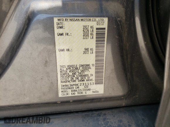 2017 Nissan Altima SV with VIN 1N4AL3AP4HC231153, listed as a Copart auction lot 72575824 with 113,092 mi miles and Salvage Title. Bid and sale history available at carsss.com. Image 10.