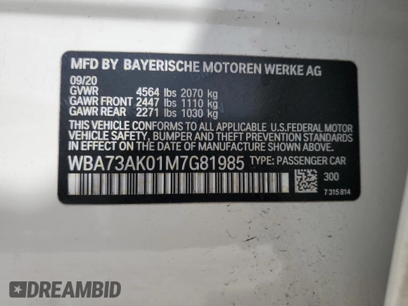 2021 BMW 2 Series 228i xDrive with VIN WBA73AK01M7G81985, listed as a Copart auction lot 59205355 with 31,441 mi miles and Salvage title. Bid and sale history available at DreamBid. Image 12.