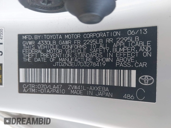 2013 Toyota Prius Two with VIN JTDZN3EU7D3278419, listed as a IAAI auction lot 41899617 with 191,236 mi miles and . Bid and sale history available at DreamBid. Image 9.
