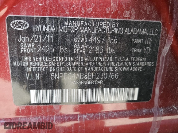 2011 Hyundai Sonata Limited with VIN 5NPEC4AB8BH230766, listed as a Copart auction lot 54589215 with 195,037 mi miles and Salvage Title. Bid and sale history available at DreamBid. Image 12.