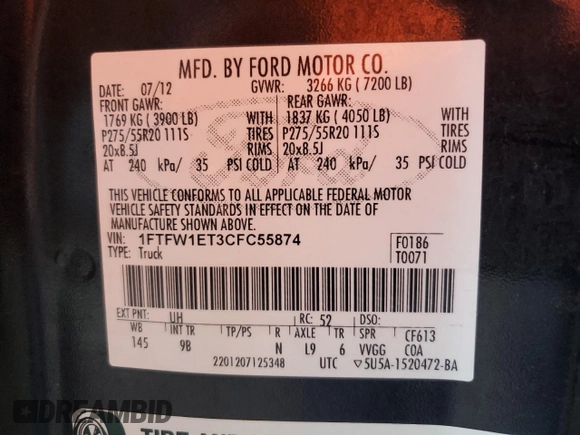2012 Ford F-150 XL with VIN 1FTFW1ET3CFC55874, listed as a Copart auction lot 65755355 with 174,018 mi miles and Salvage title. Bid and sale history available at DreamBid. Image 12.