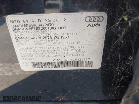 2012 Audi Q5 Premium Plus with VIN WA1LFAFP6CA129827, listed as a IAAI auction lot 42444693 with 106,257 mi miles and . Bid and sale history available at DreamBid. Image 9.