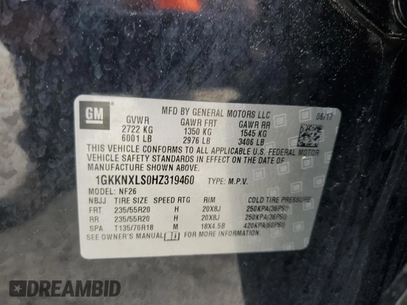 2017 GMC Acadia Denali with VIN 1GKKNXLS0HZ319460, listed as a Copart auction lot 59719985 with 110,302 mi miles and Salvage title. Bid and sale history available at DreamBid. Image 14.